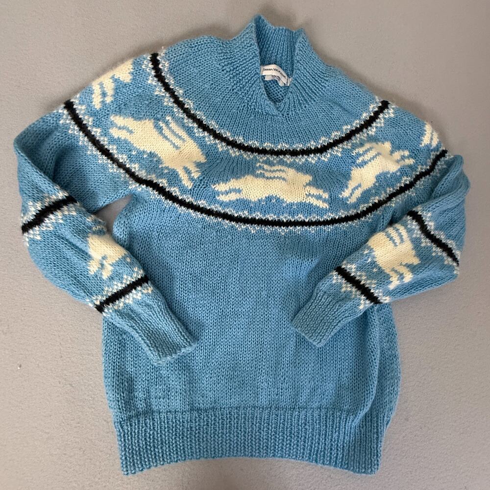 Sierra Woolens 100% Wool Blue Animal Motif Handknit Sweater Size T-M